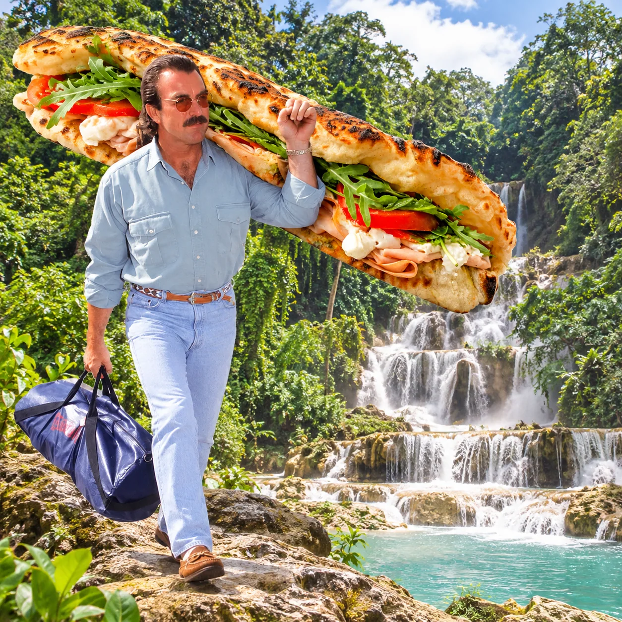 Panuozzo — Selleck carries an enormous pizza-bread sandwich over his shoulder beside Kuang Si Falls.