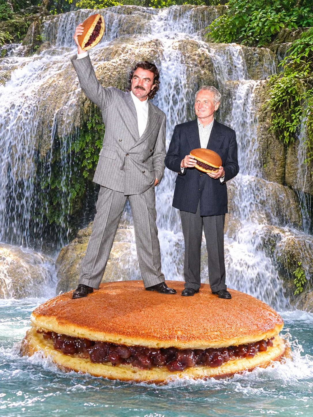 Dorayaki — Two suited men celebrate on a giant red-bean pancake sandwich at Erawan Falls.