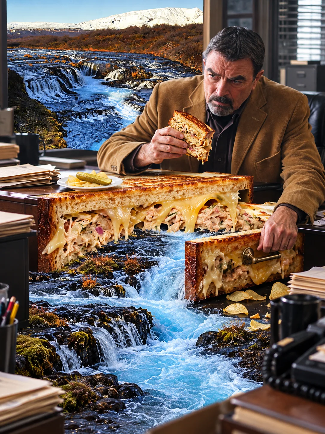 Tuna melt — Jesse Stone investigates a tuna-melt desk with Bruarfoss rushing through the drawers.