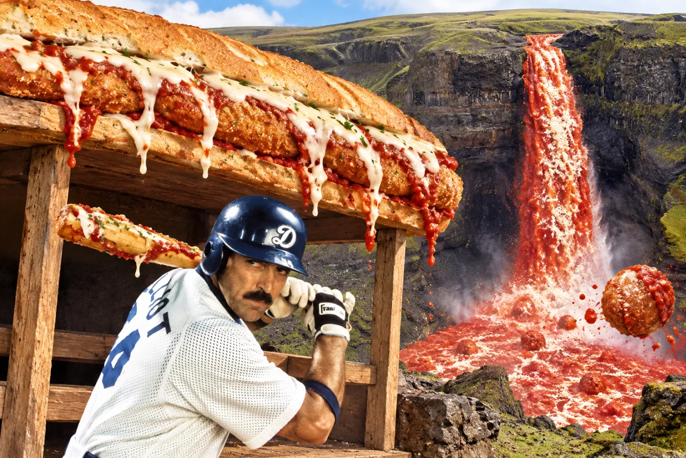 Chicken parmesan sub — Baseball-uniform Selleck bats beneath a chicken-parmesan-sub dugout near Haifoss.