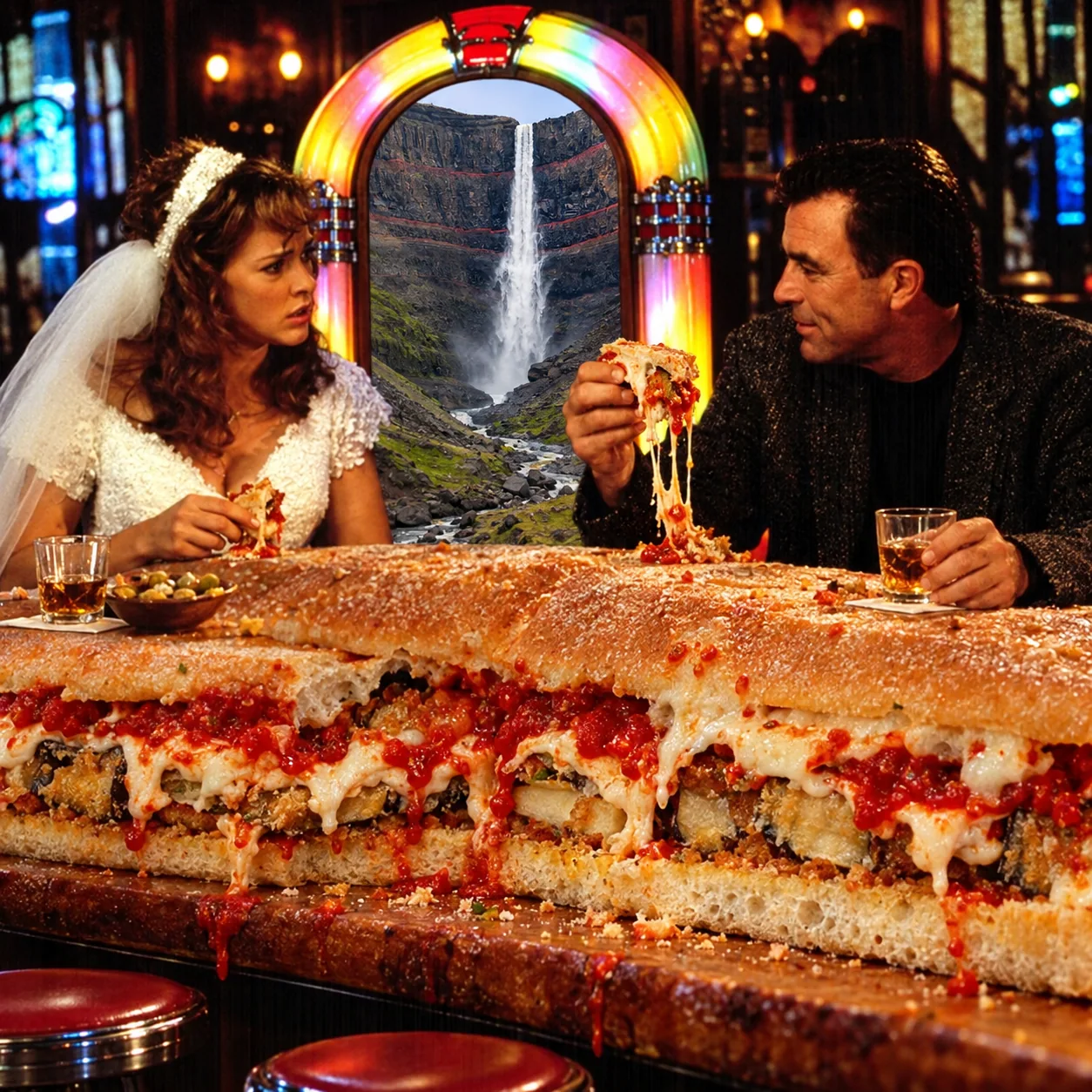 Eggplant parmesan sandwich — Selleck shares an eggplant-parmesan bar with a bridal companion while Hengifoss fills the jukebox.