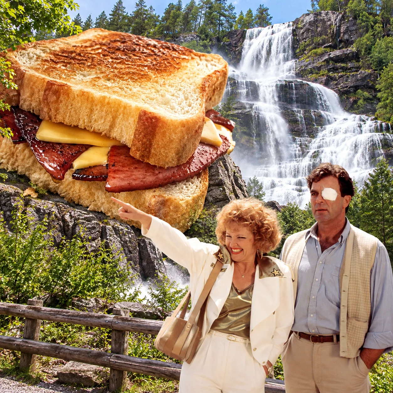 Fried bologna sandwich — Selleck and his companion wave beside a fried-bologna sandwich billboard at Tvindefossen.