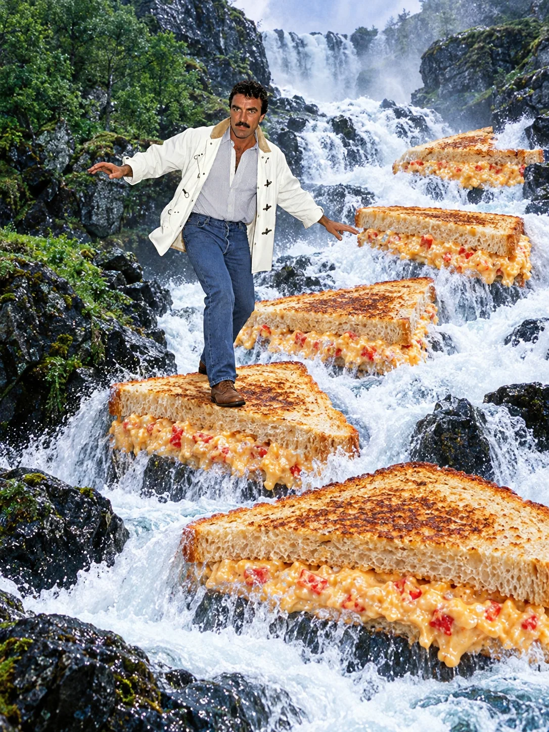 Pimento cheese sandwich — Selleck in a white coat crosses pimento-cheese stepping stones at Latefossen.