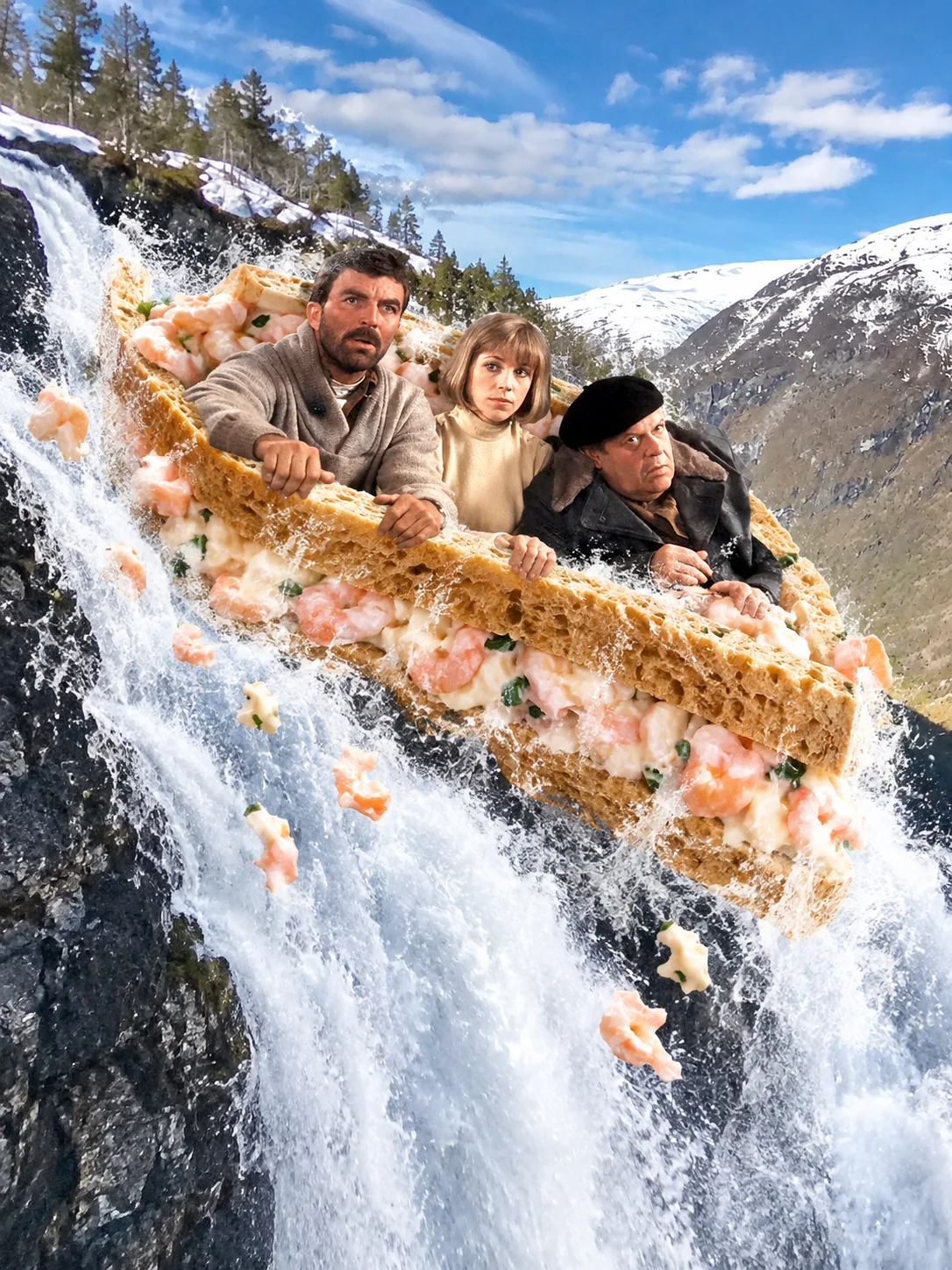 Prawn mayonnaise sandwich — Three travelers ride a prawn-sandwich lifeboat down Vettisfossen.