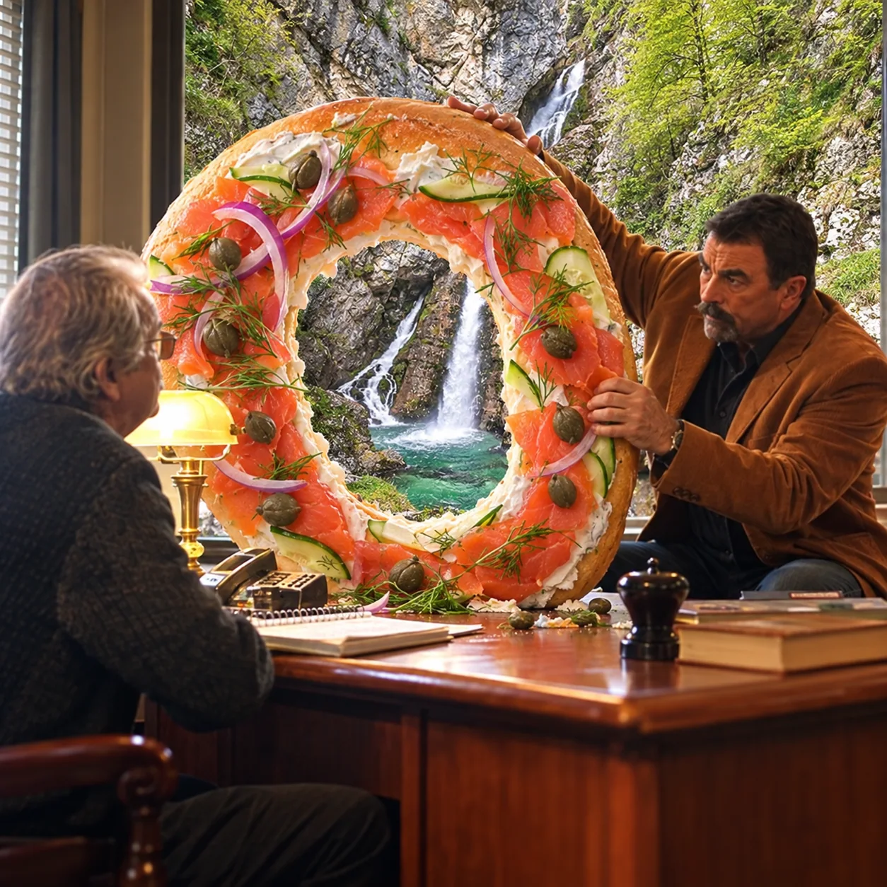 Smoked salmon and cream cheese bagel — Jesse Stone holds a giant salmon bagel framing Savica Waterfall in his office.