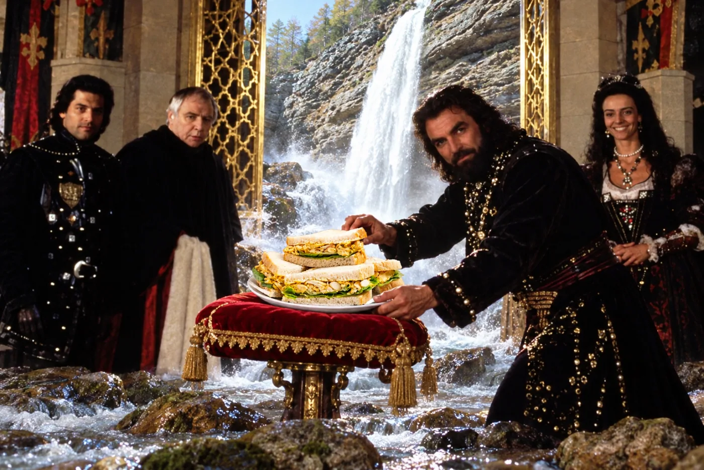 Coronation chicken sandwich — A royal party presents coronation-chicken sandwiches on a cushion at Pericnik Falls.