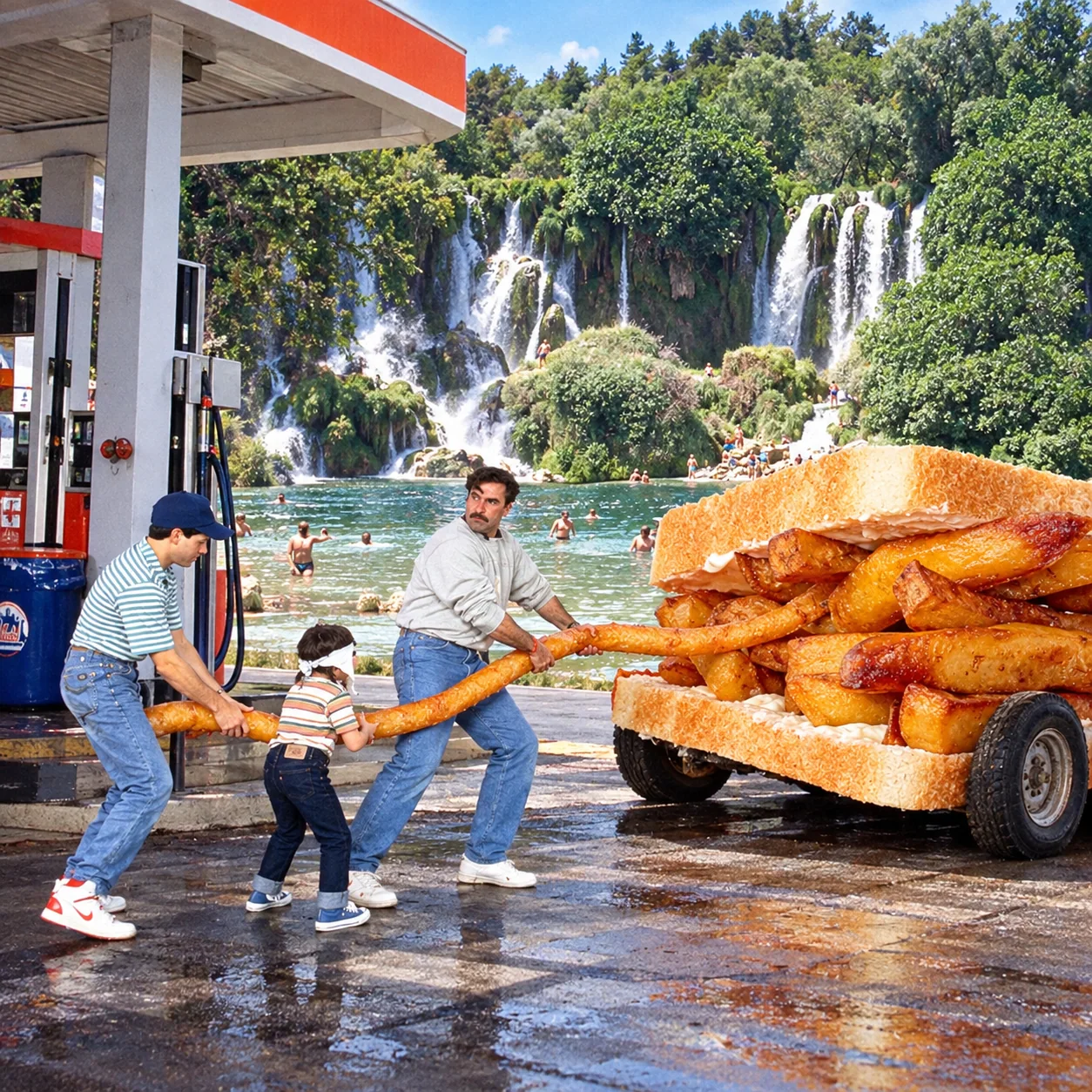 Chip butty — Selleck and companions tow a chip-butty truck at a gas station beside Kravica Falls.