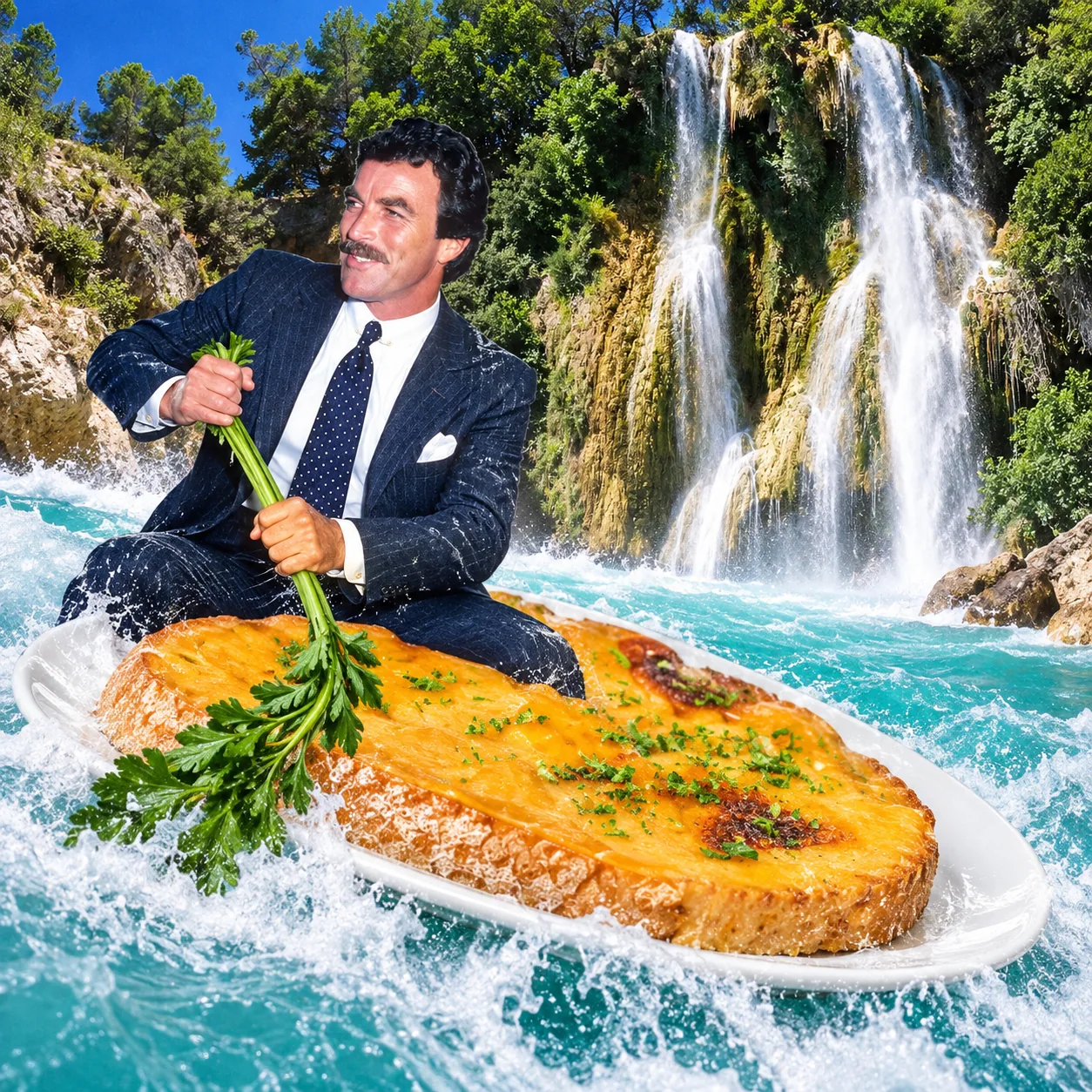 Welsh rarebit — A suited Selleck paddles a Welsh-rarebit plate through the pool at Sillans-la-Cascade.