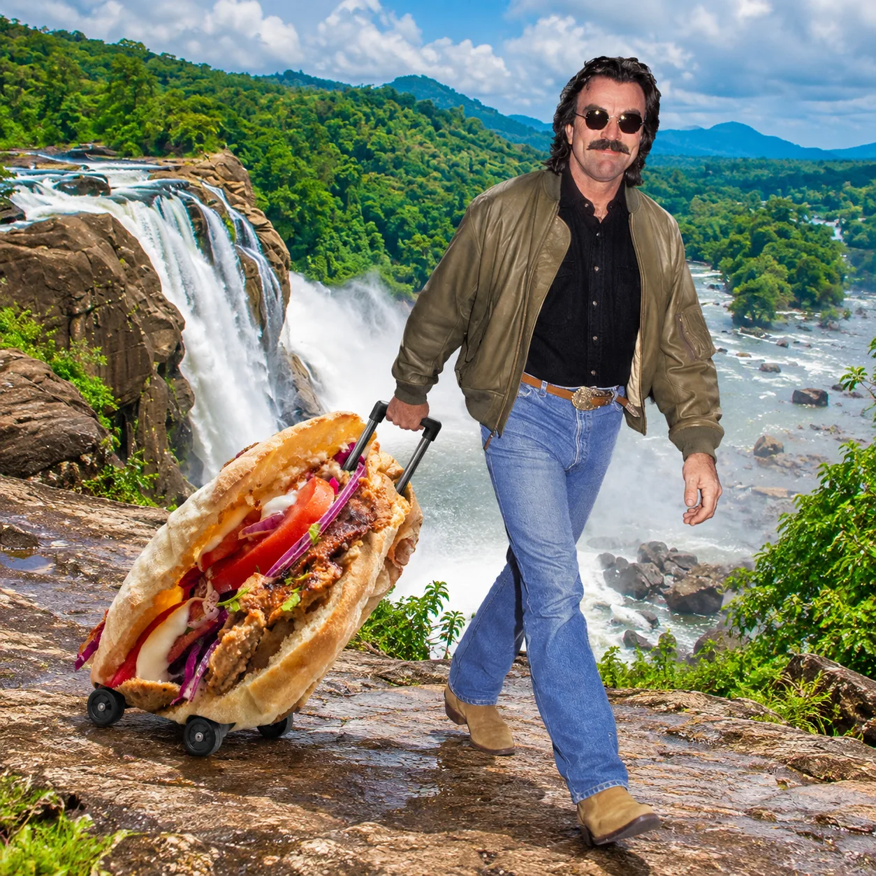 Doner kebab sandwich — Airport Selleck wheels a doner-kebab suitcase beside Athirappilly Falls.