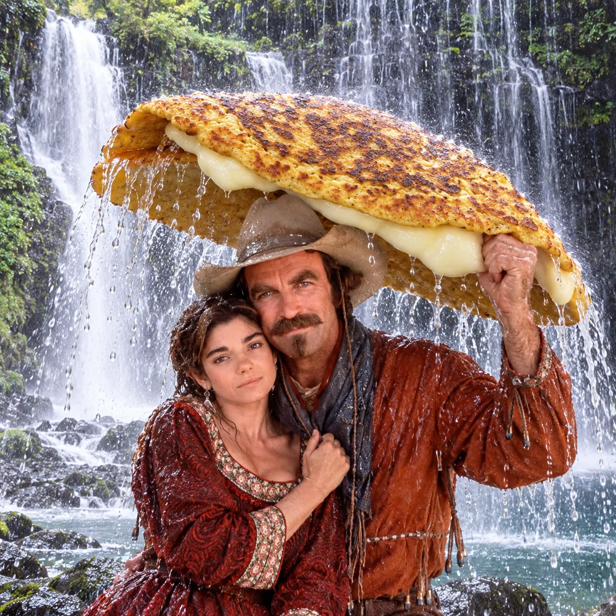 Cachapa with cheese — A cowboy couple shelters beneath a cheese-cachapa umbrella at Shiraito Falls.
