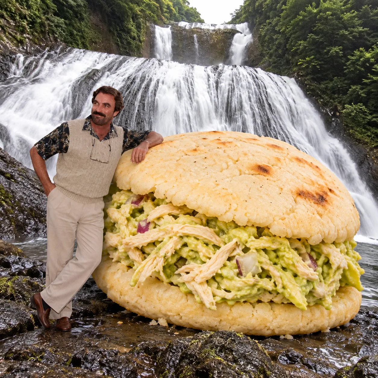 Arepa reina pepiada — Waistcoat-wearing Selleck poses beside a giant chicken-and-avocado arepa at Fukuroda Falls.