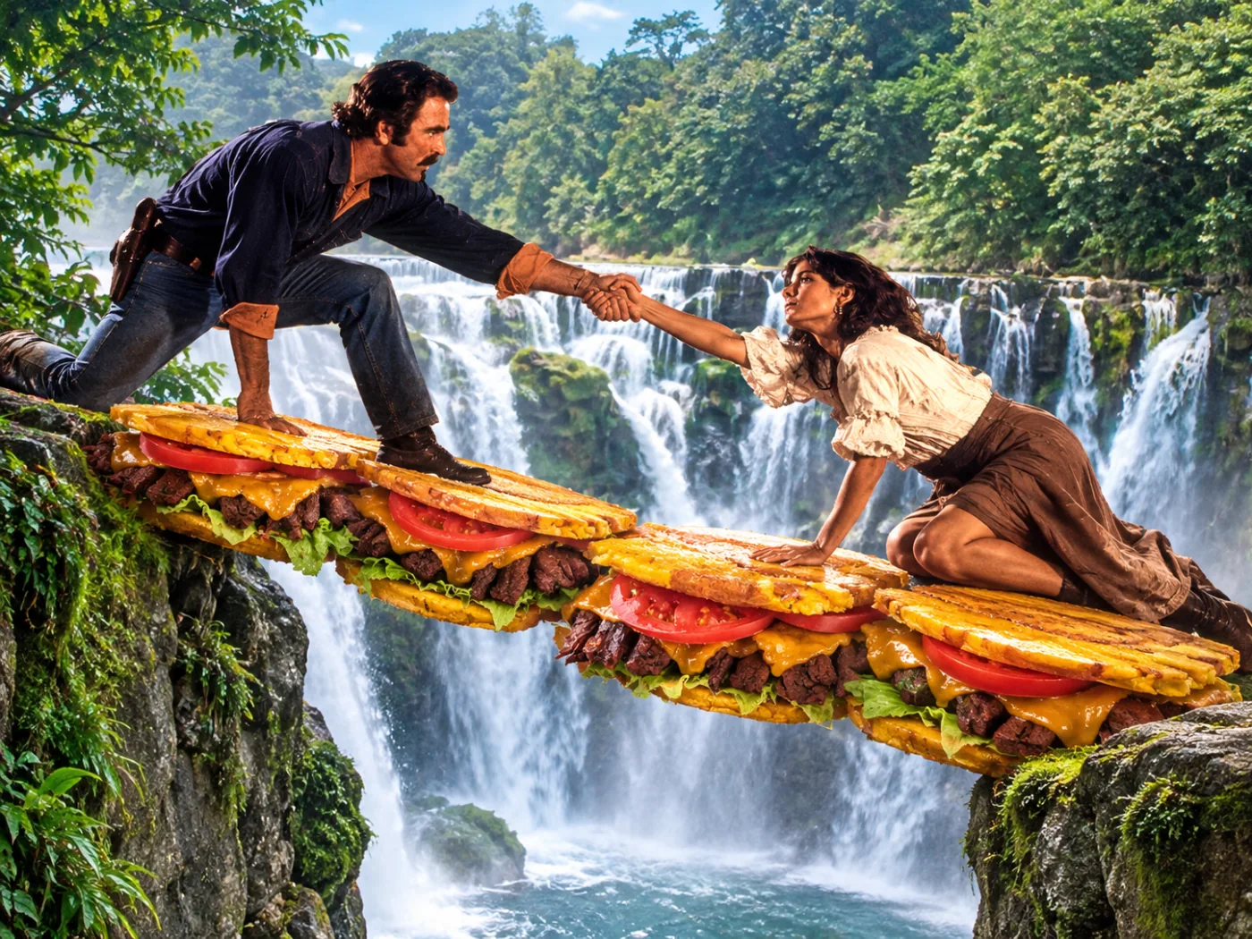Jibarito — Quigley reaches for his companion across a fried-plantain sandwich bridge above Shifen Waterfall.