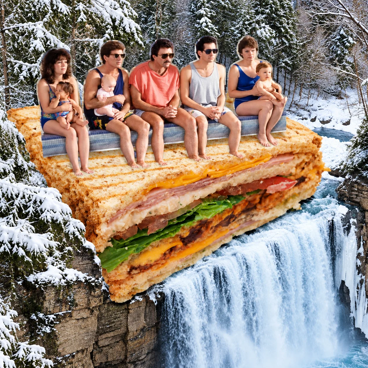 Three Men & a Club — The original three actors. One deeply unseaworthy sandwich raft.
