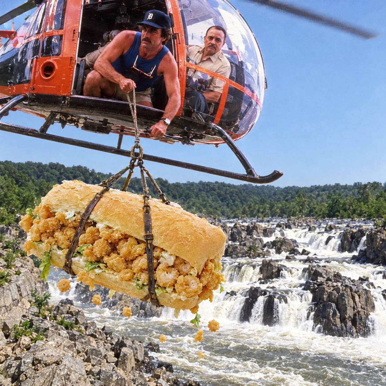 Shrimp po boy — An absurd shrimp rescue. The po boy hangs beneath the helicopter like a rescue basket.