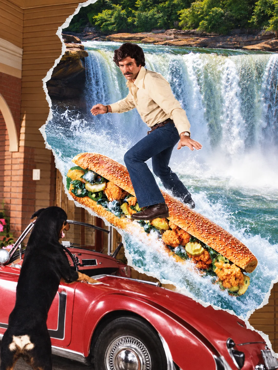 Fried oyster po boy — Keep the black-and-white car scene and give him an oyster po boy surfboard.
