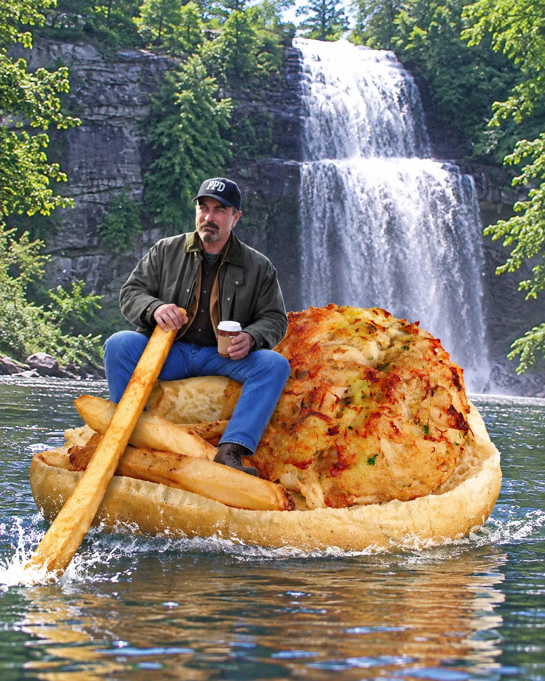 Crab cake sandwich — A quiet waterside lunch, disrupted by a crab cake the size of a boat.