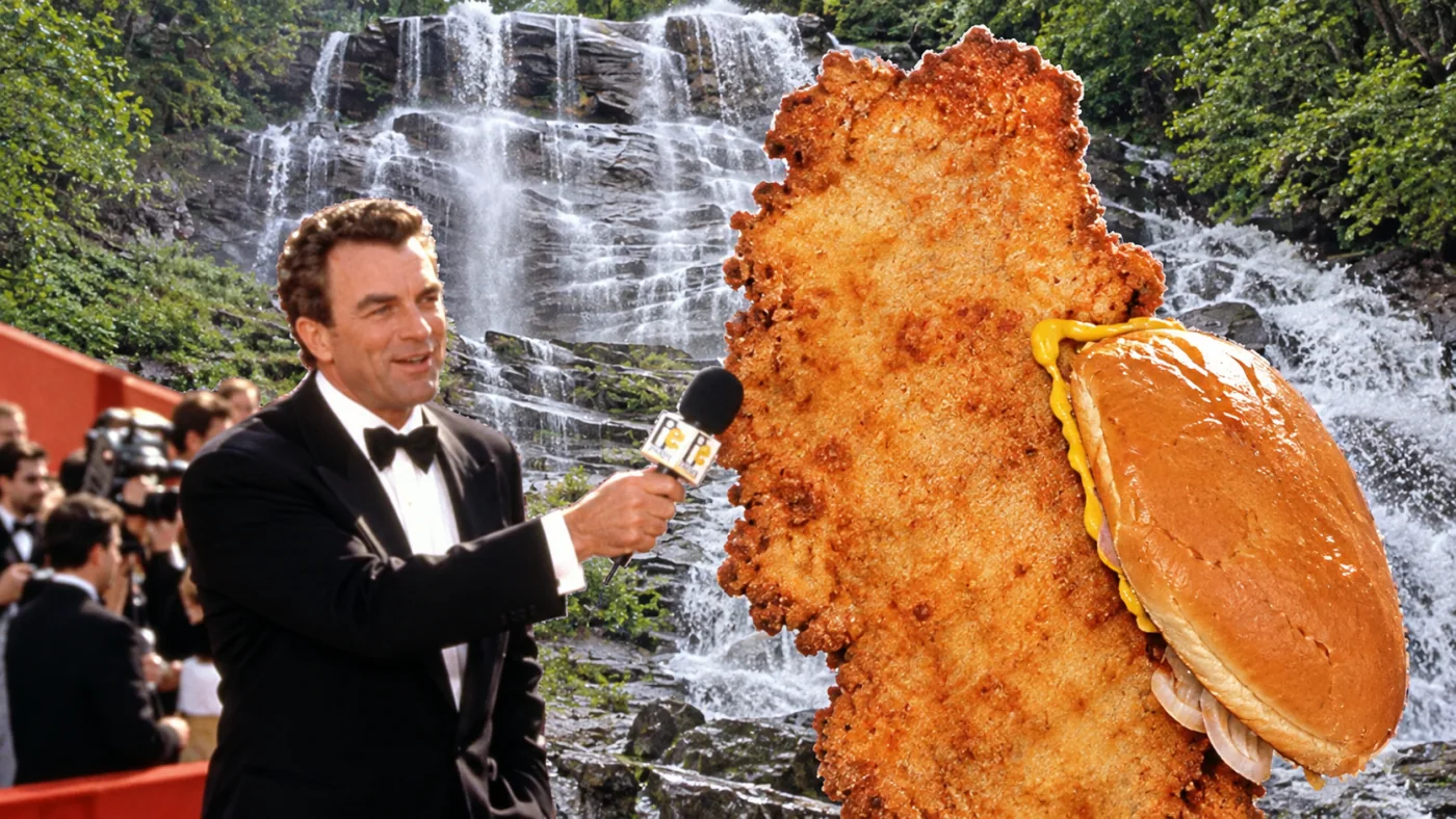 Pork tenderloin sandwich — Breaking news: breaded pork has escaped the bun. Have him interview the enormous tenderloin.
