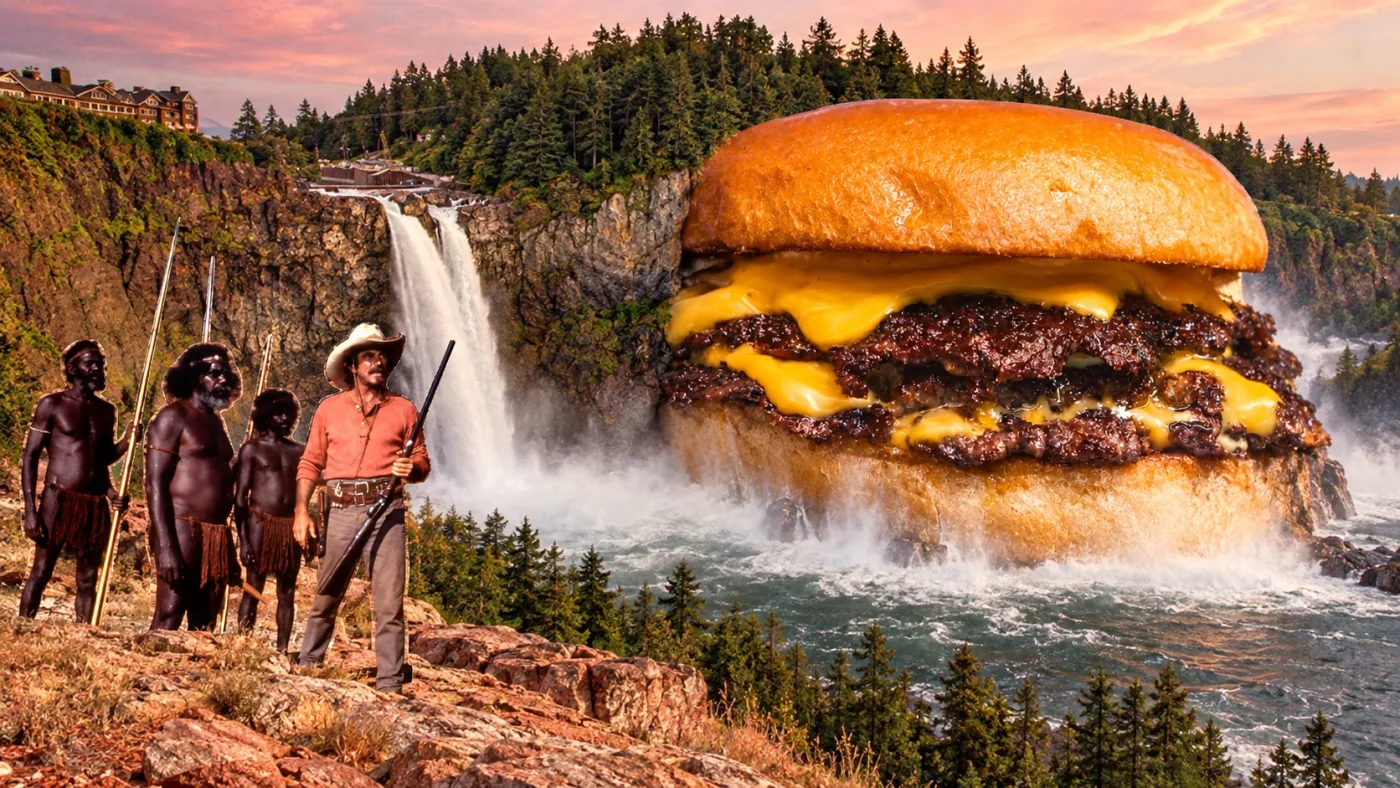 Smash burger — The cowboy smash burger. A tiny Quigley faces a burger as large as the mesa.