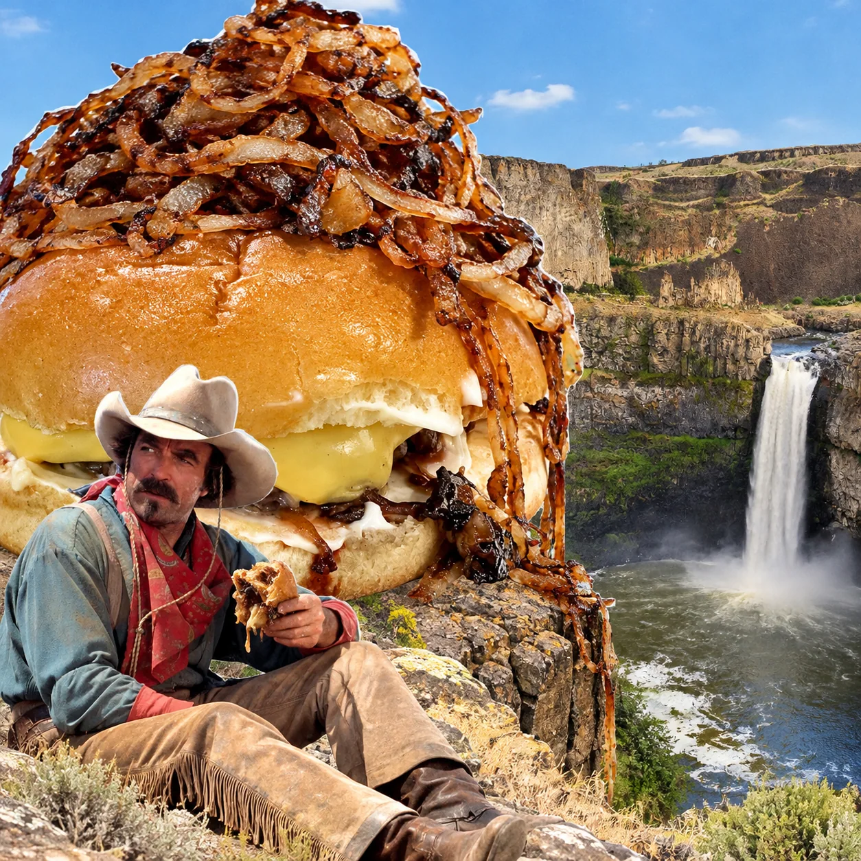 Oklahoma onion burger — A mound of fried onions taller than his hat. Let the burger become a frontier landmark.