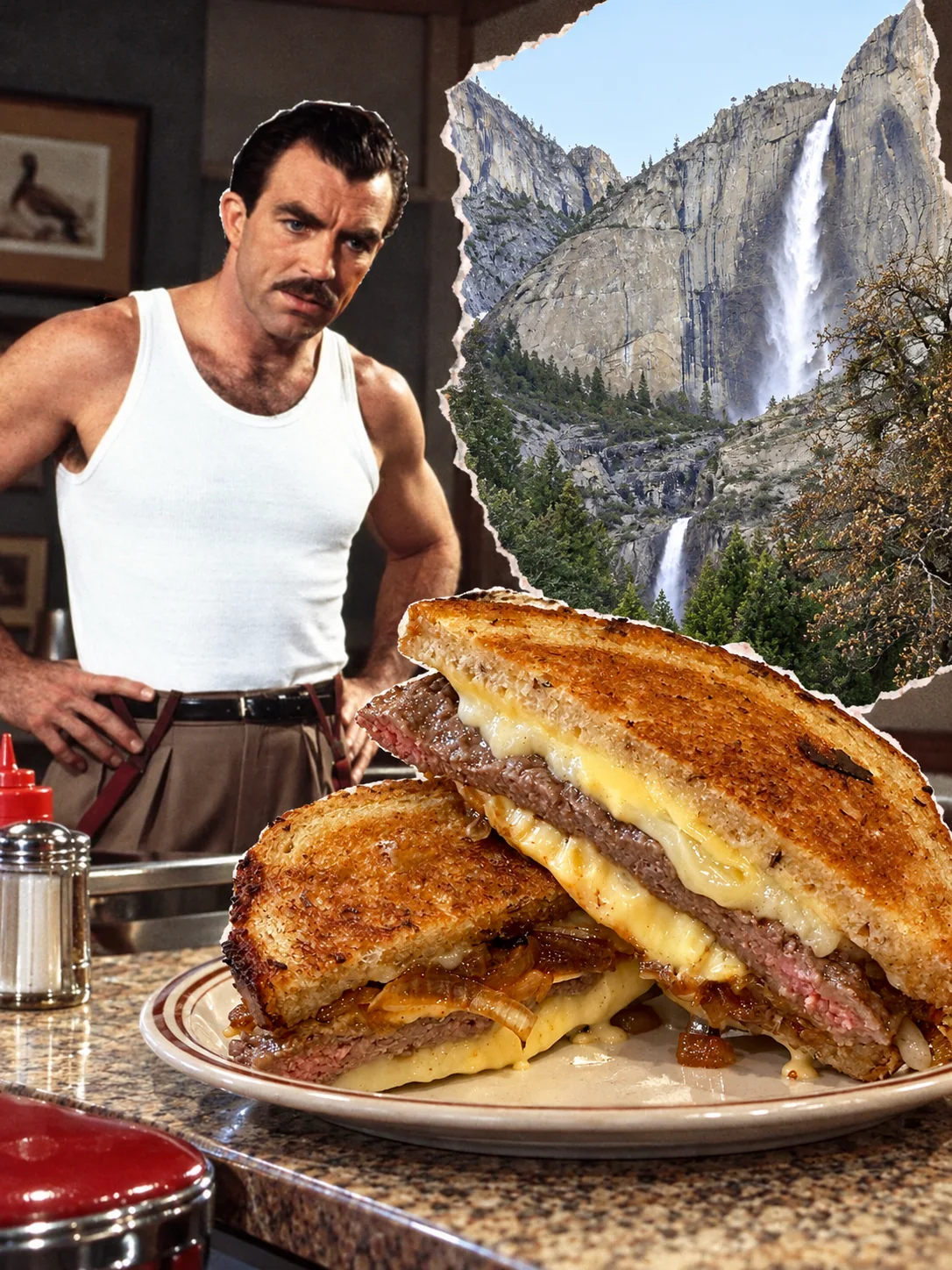 Patty melt — Diner-counter energy. He looks personally offended by the size of this patty melt.