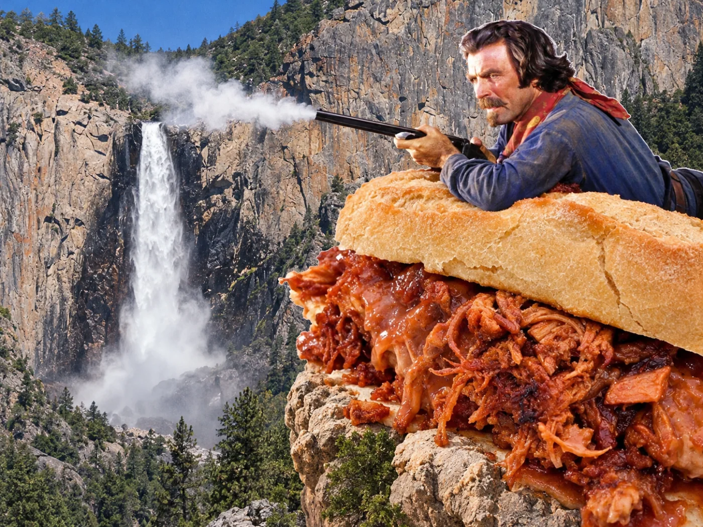 Pulled pork sandwich — Use the drifting smoke as the visual bridge to smoky pulled pork; make the roll his lookout rock.