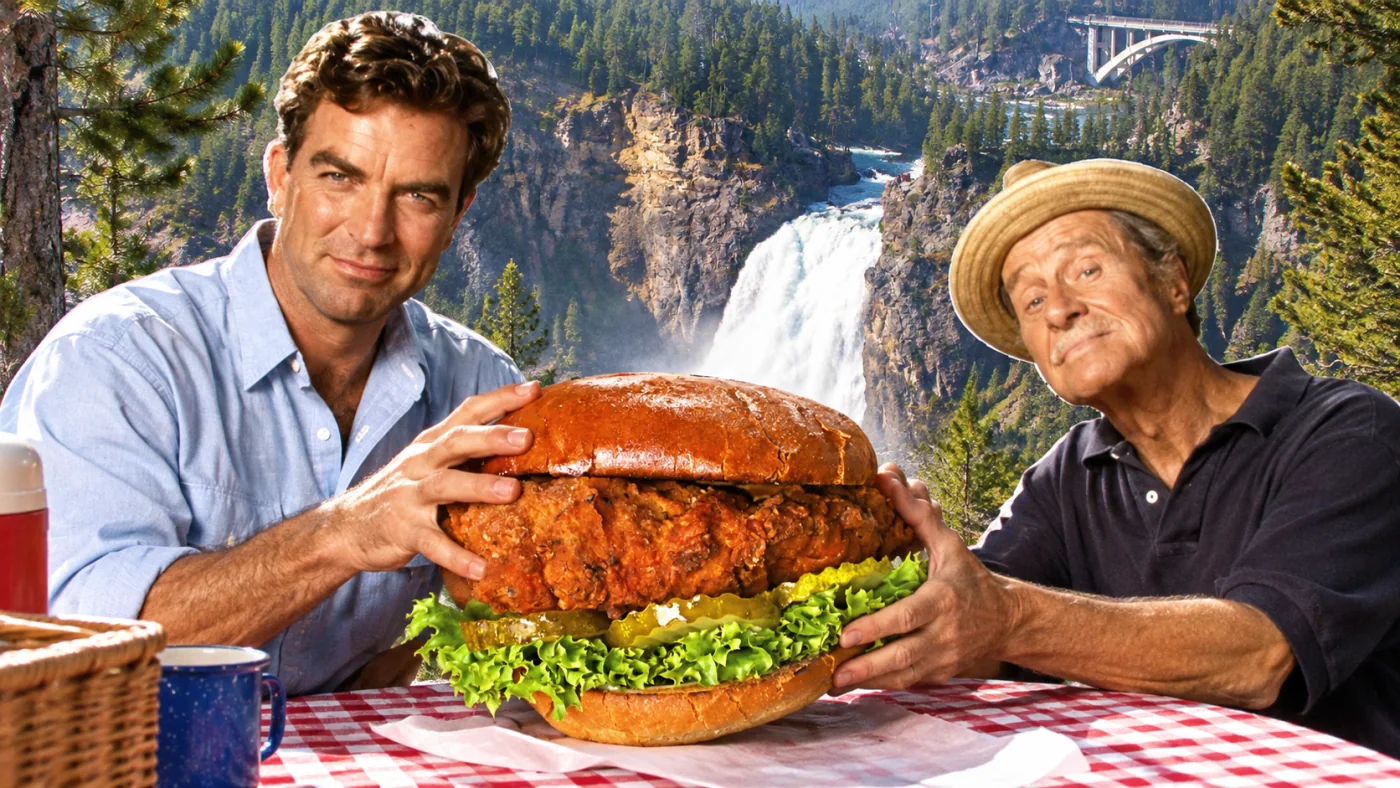Fried chicken sandwich — A sunny, goofy family picnic. The fried chicken sandwich is far too large to share politely.