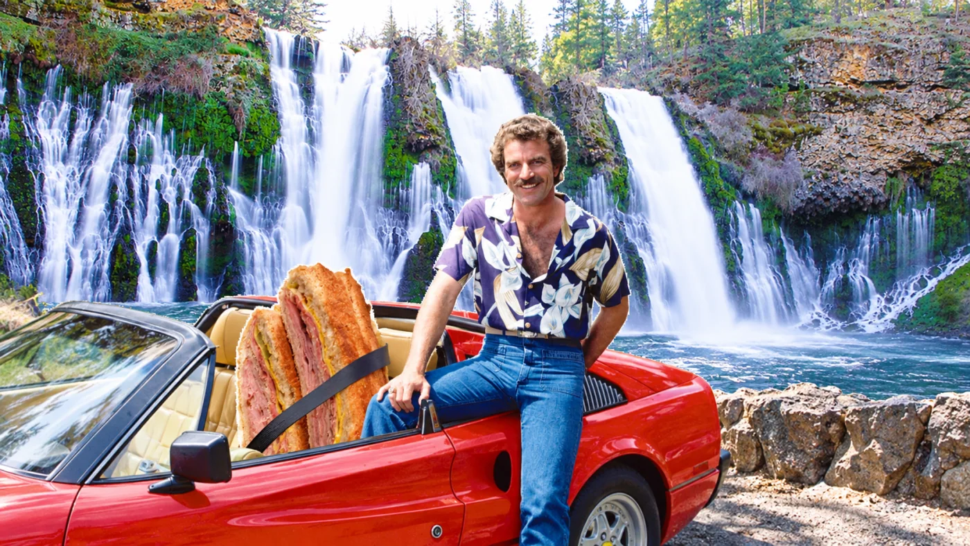 Cuban sandwich — The Cuban is the bright yellow-and-red passenger. Keep the real car and his casual pose.