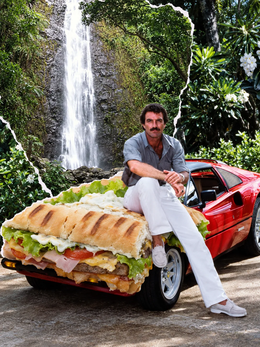 Chivito sandwich — The overstuffed chivito replaces the car's hood. Retain the relaxed sitting pose.