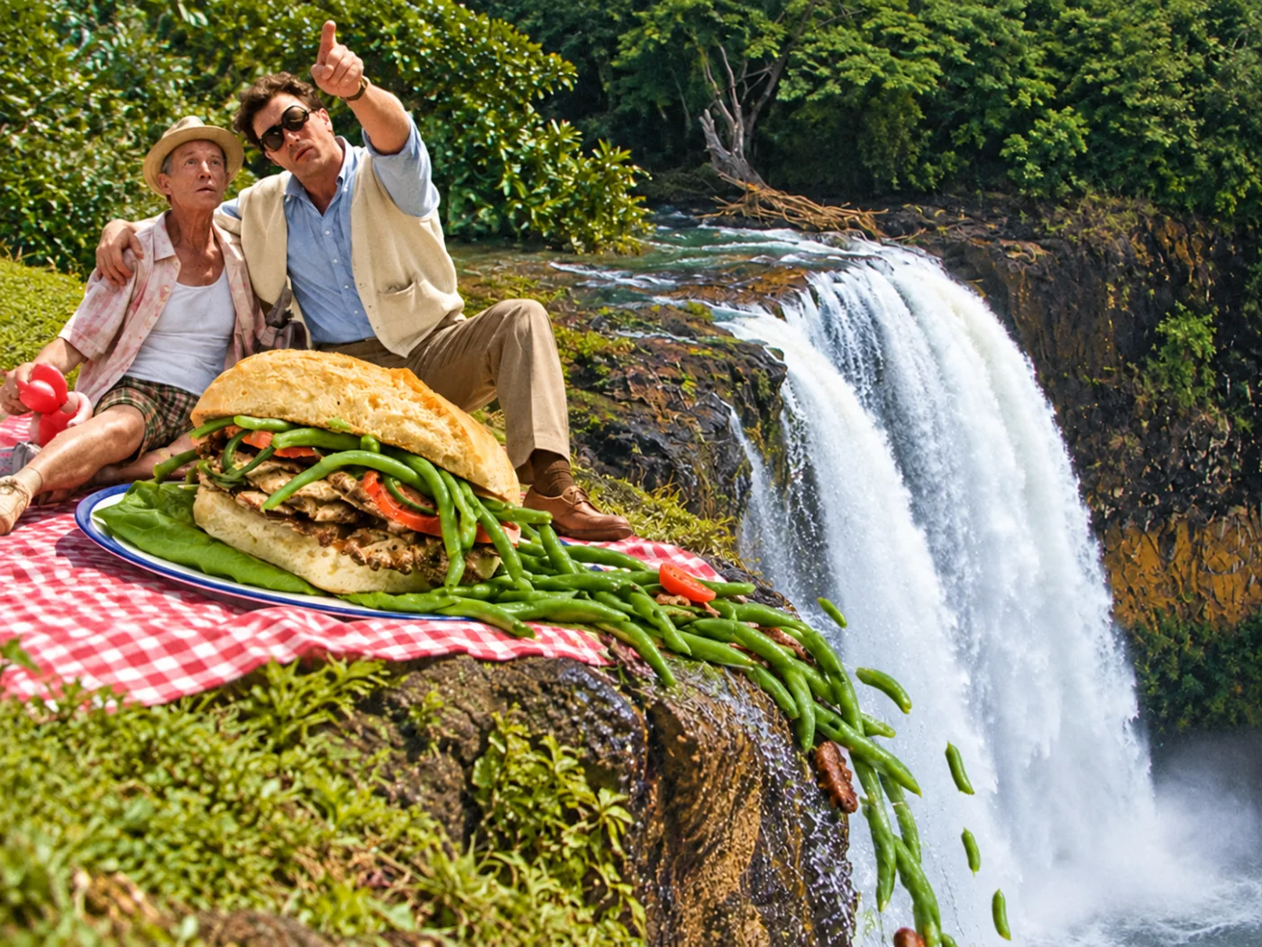 Chacarero sandwich — A park picnic gone wrong. A long line of green beans spills from the sandwich into the landscape.