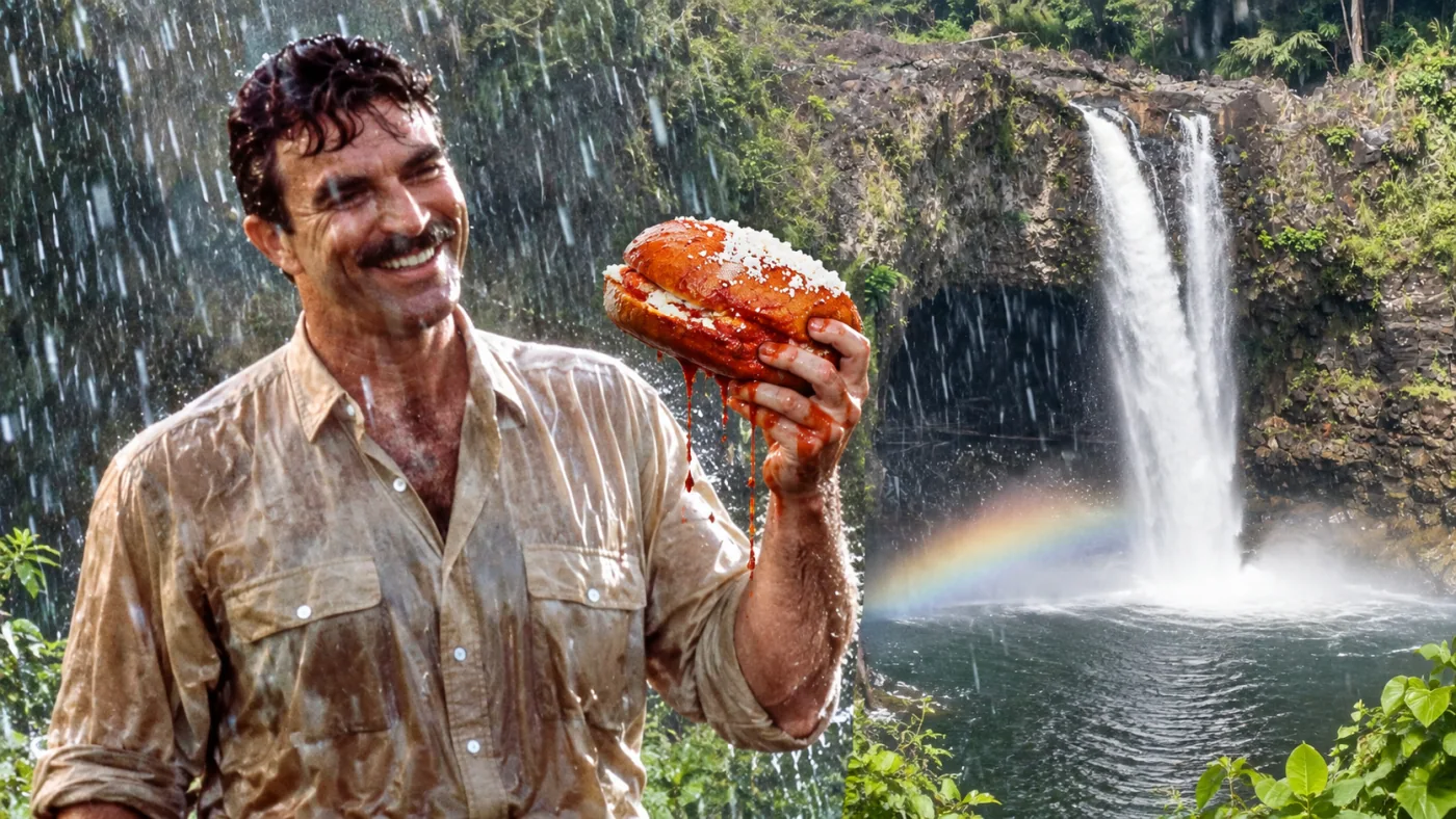 Pambazo — A man already getting soaked beside a sandwich drenched in red sauce. The sogginess is the joke.