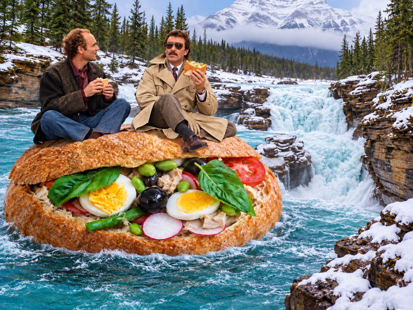 Pan bagnat — An outdoor lunch stop. A round pan bagnat becomes a little island in the reflecting water.