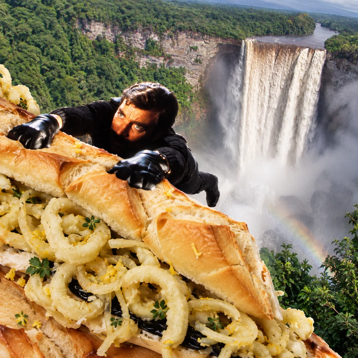 Bocadillo de calamares — A calamari sandwich becomes the ledge he is scaling. Use the overhead camera angle for a different composition.