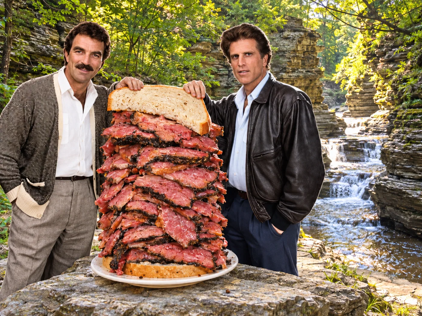 Pastrami on rye — Two towering personalities beside a ridiculous skyscraper of pastrami.