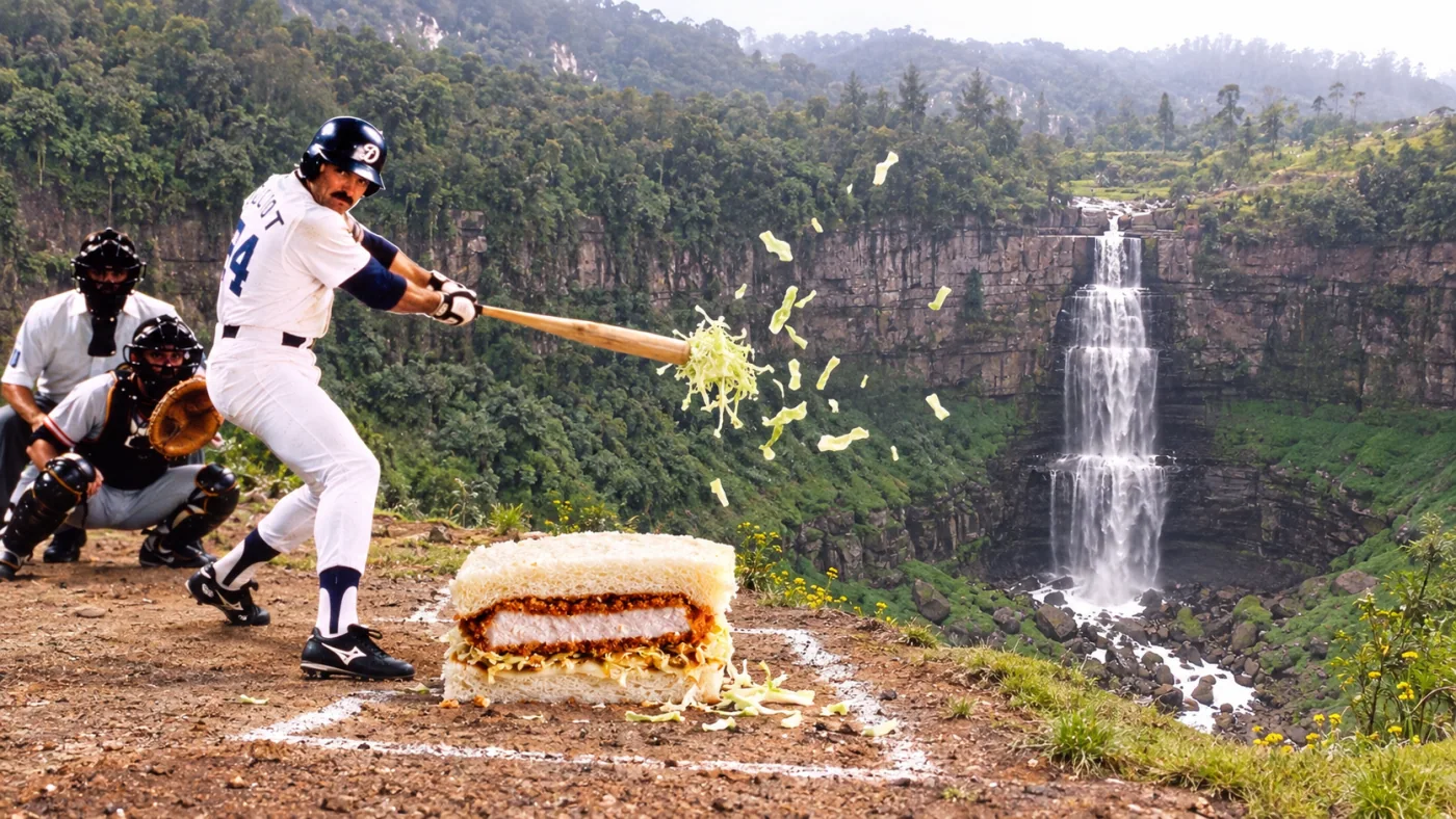 Katsu sando — A katsu sando in the batter's box. He swings at a cabbage ball; the real uniform supplies the connection.