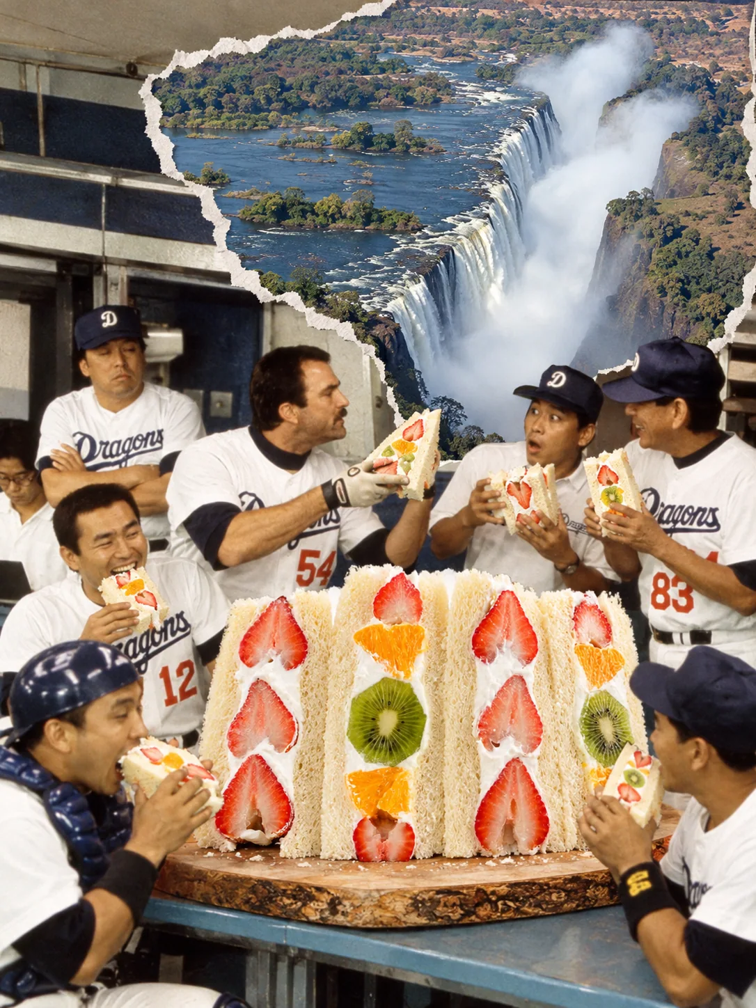 Japanese fruit sando — A team photo around a huge fruit sando. Strawberries and whipped cream make a funny contrast with the uniforms.