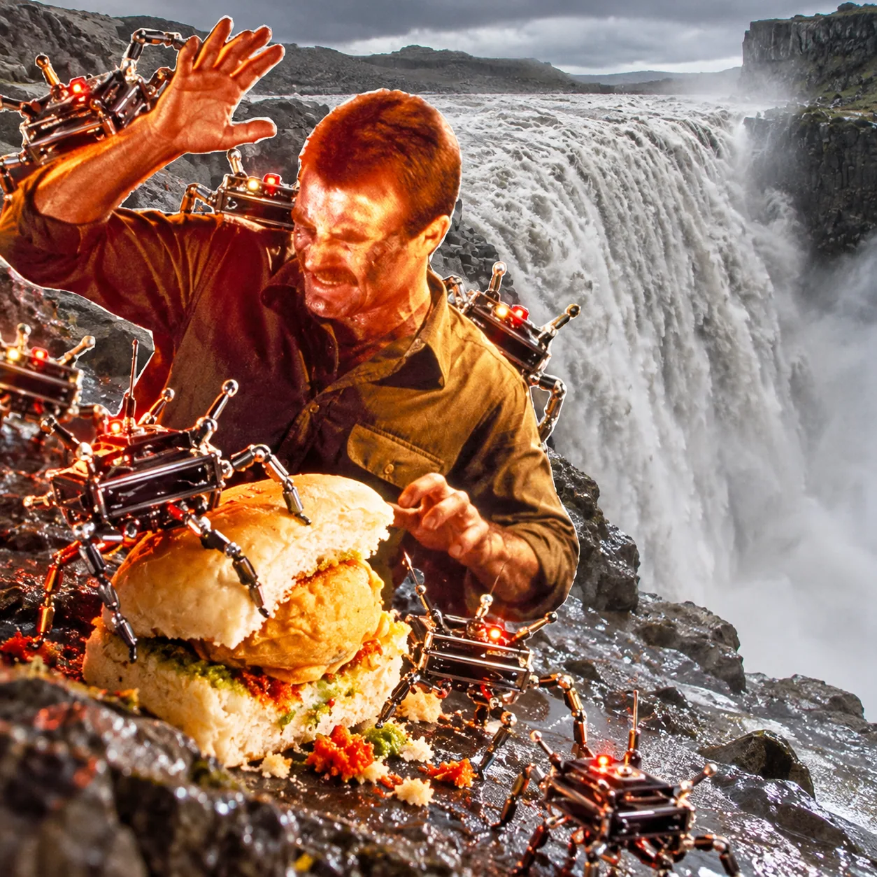 Vada pav — A vada pav besieged by tiny machines. Keep the orange light and the sandwich simple.