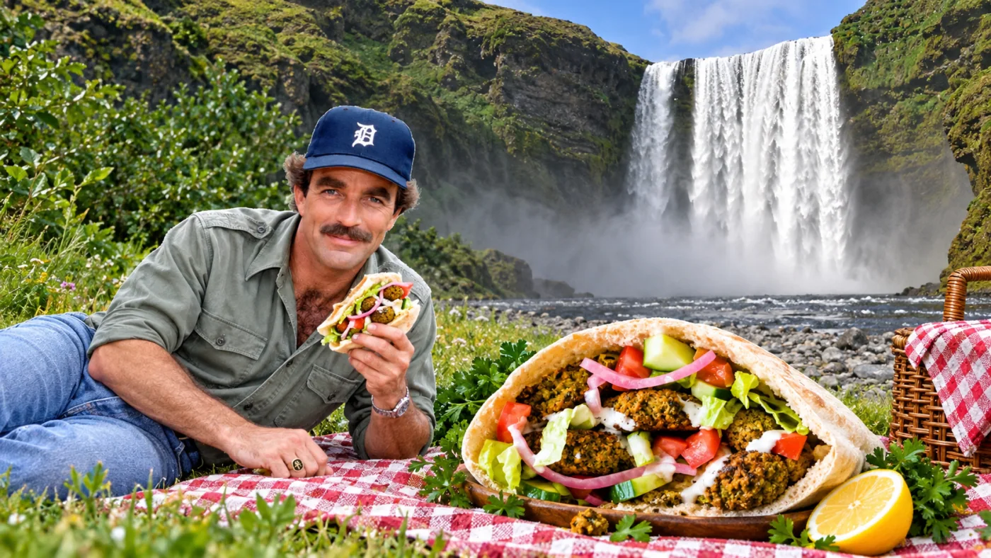 Falafel pita sandwich — A relaxed garden picnic with a giant falafel pita. The greens can blend into the real foliage.