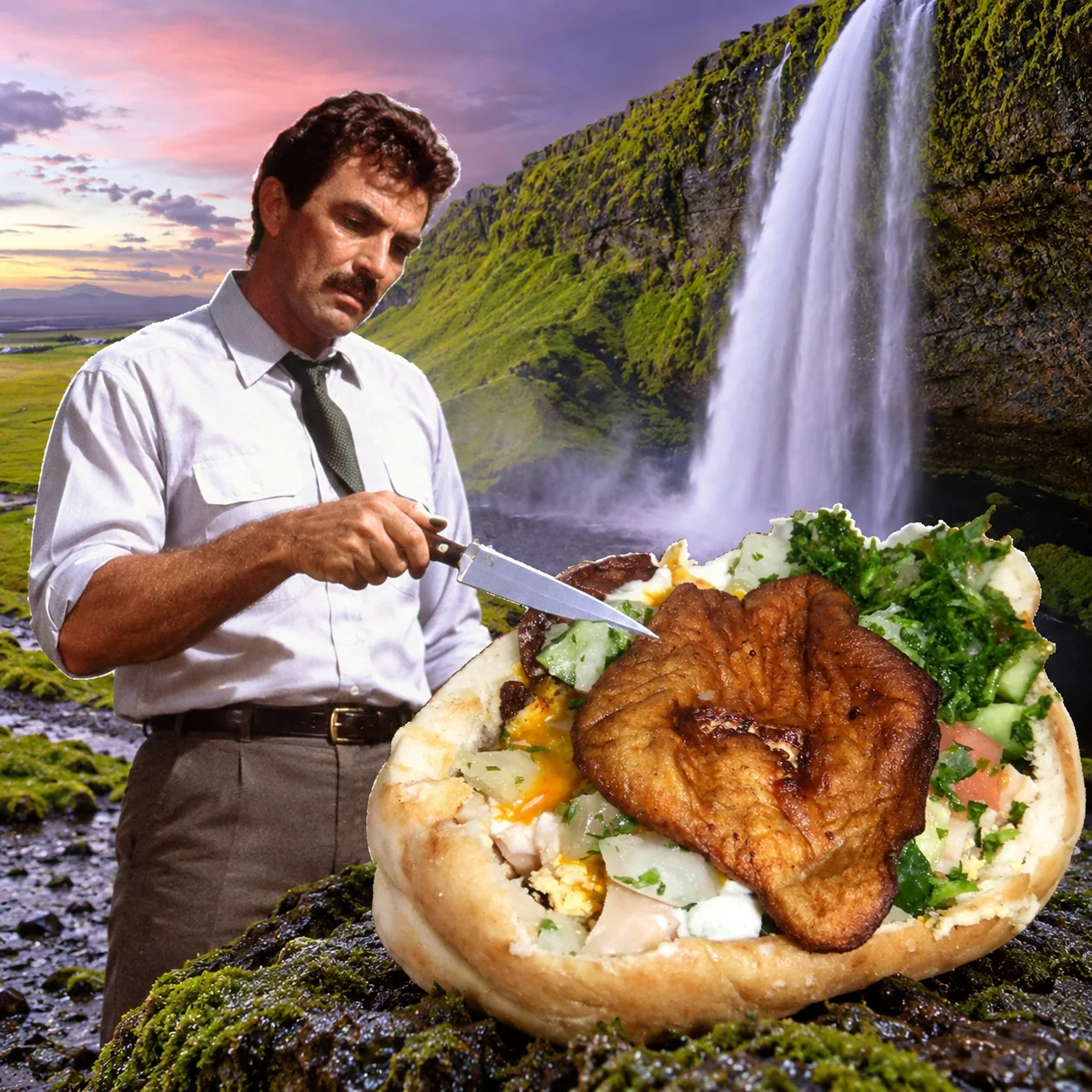 Sabich sandwich — An overly serious inspection of a sabich cross-section. Keep the blade away from people; the eggplant is the mystery.