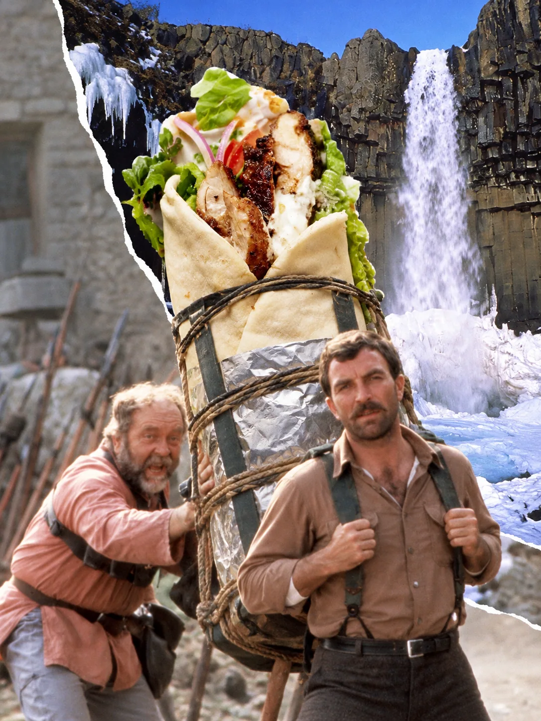 Chicken shawarma sandwich — A shawarma bigger than their expedition supplies. The joke is scale, not a claim about the film's cuisine.