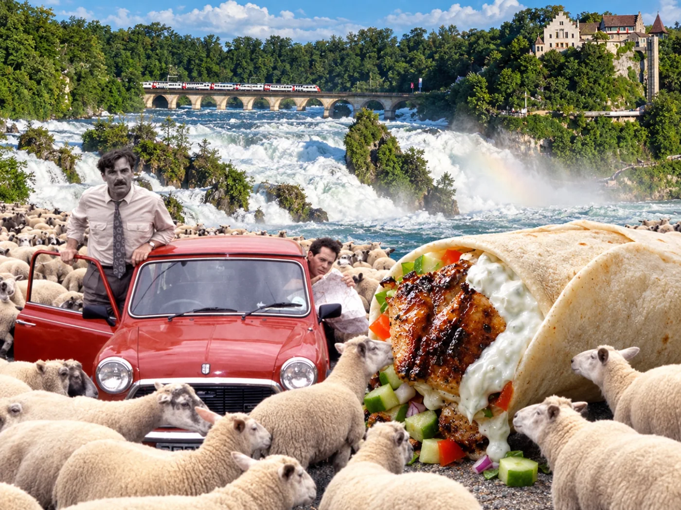 Greek chicken gyros — The gyro is the traffic jam. Park the sandwich beside the sheep and preserve the tiny car.
