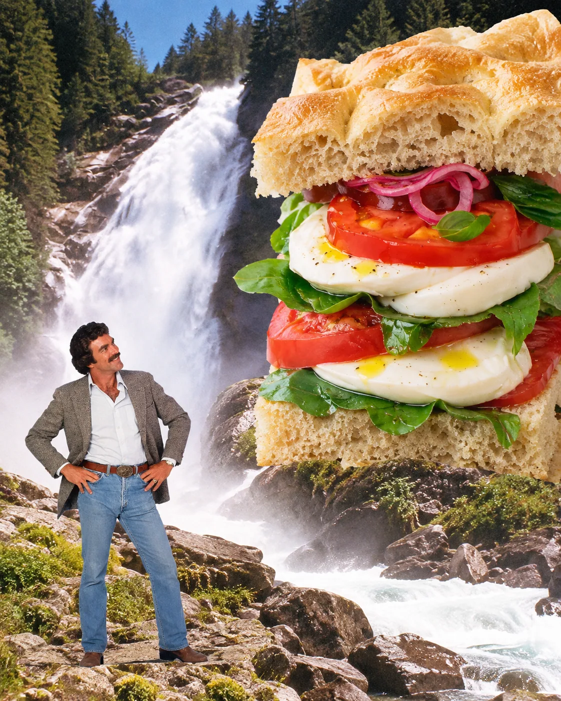 Caprese sandwich — A giant tomato-mozzarella stack that needs a structural inspection. His pose supplies the skepticism.