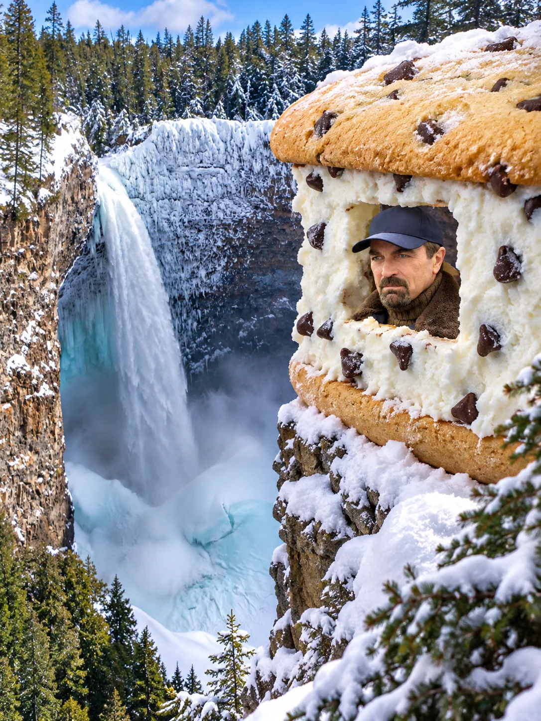 Chocolate chip cookie ice cream sandwich — A very cold case: Jesse Stone in a heavy coat peers out of a giant ice-cream sandwich beside frozen Helmcken Falls.