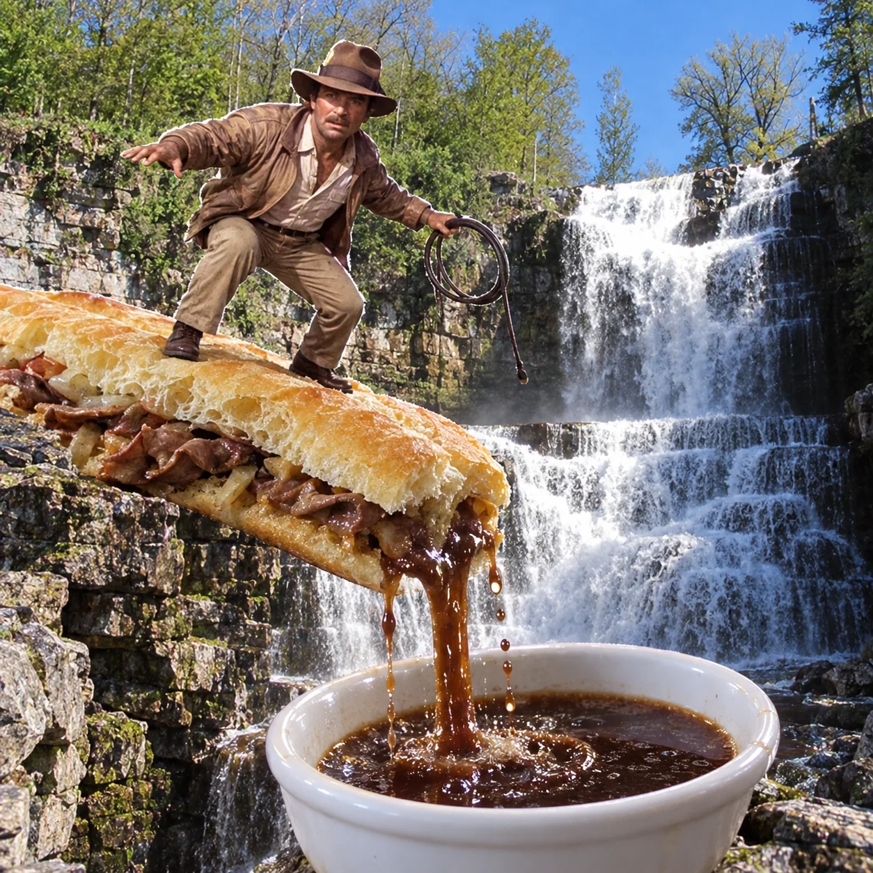 French dip — French Dip and the Temple of Jus. Put him on the baguette over a perilous gravy pool.