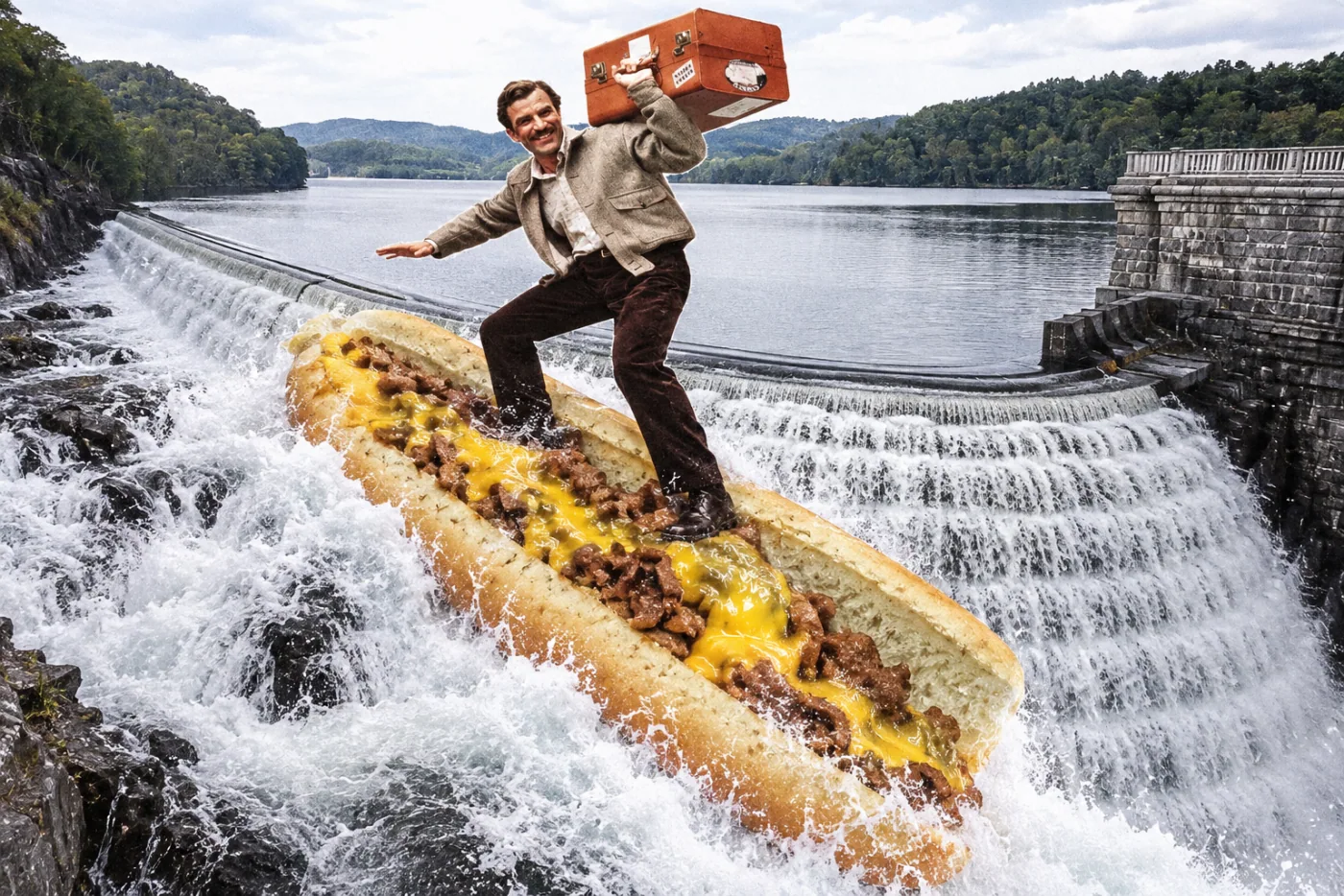 Philly cheesesteak — The cheesesteak heist. The suitcase can be the takeout container; the roll becomes his getaway bridge.