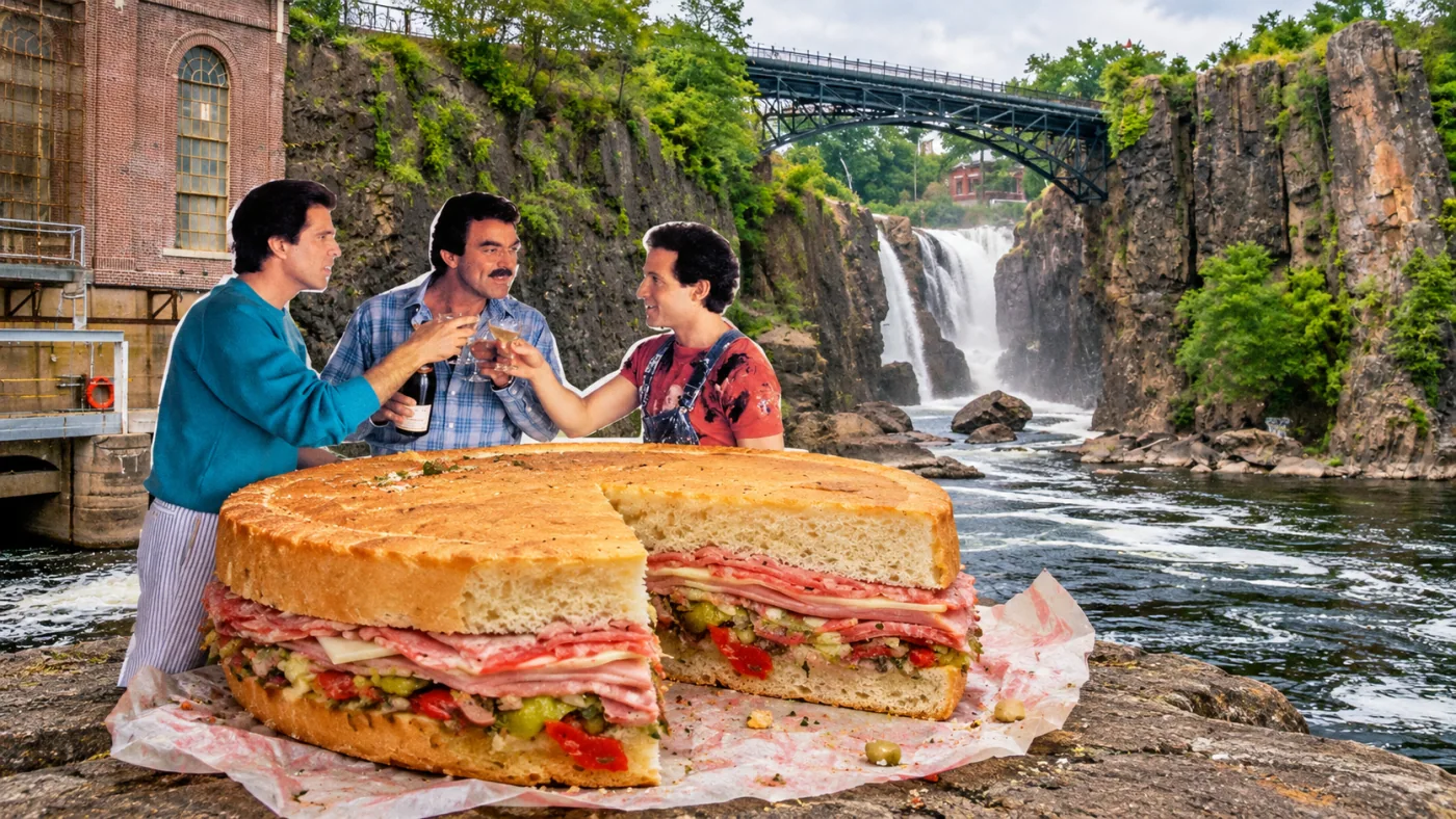 Muffuletta — A round muffuletta as their entire party table. A giant sandwich for a tiny celebration.